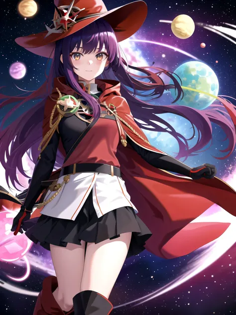 Anime girl,HD,Space Planet Background,Japanese Flag,Purple Long Hair,dark green eyes,Red Witch Hat,Red Cloak,Red long boots,medium breasts,leather belt,1girl,female,beautiful,black glove,Magic wand,aura effect