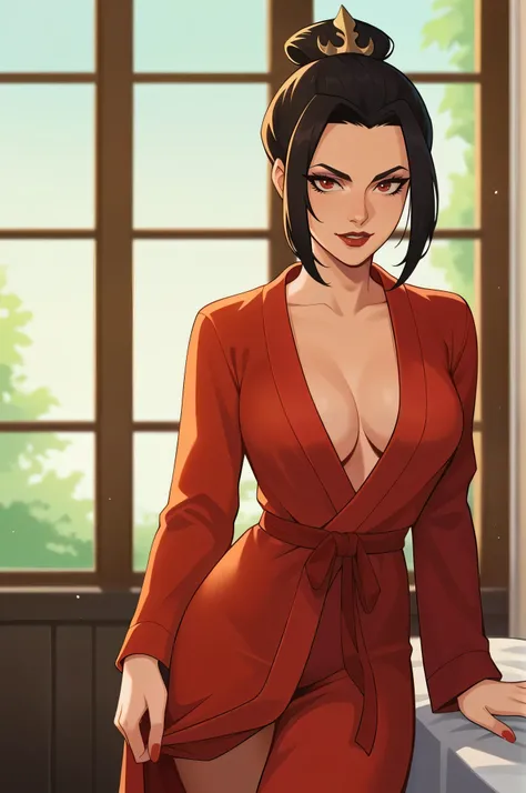 score_9, score_8_up, score_7_up, score_6_up, solo, 1girl, Azula, sleep robe, red robe, seductive smile, indoors, looking_at_viewer, cleavage, ((undressing)), gold stripe, standing,