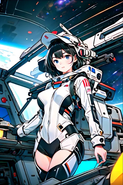 1girl,solo,black log hair,mecha,on back,bodysuit,blue eyes,headwear removed,looking_at_viewer,(space capsule:1.2),floating mecha...