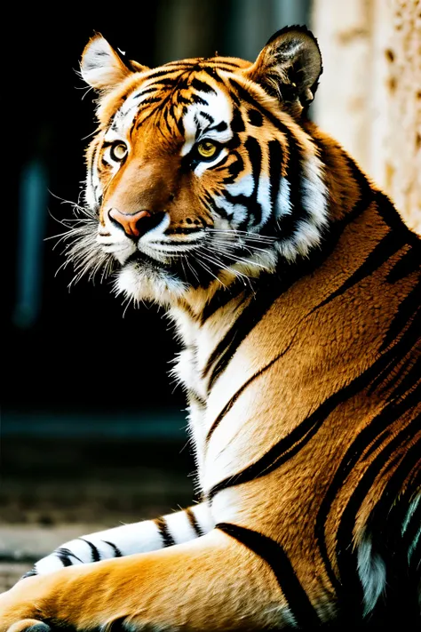tiger, look at viewer, sitting with head up, majesty, medium shot, ultra-detailed eyes, intricate details, detailed texture, light source contrast, dramatic shadows, Cinematic Light, Depth of field, film grain, noise, dark background