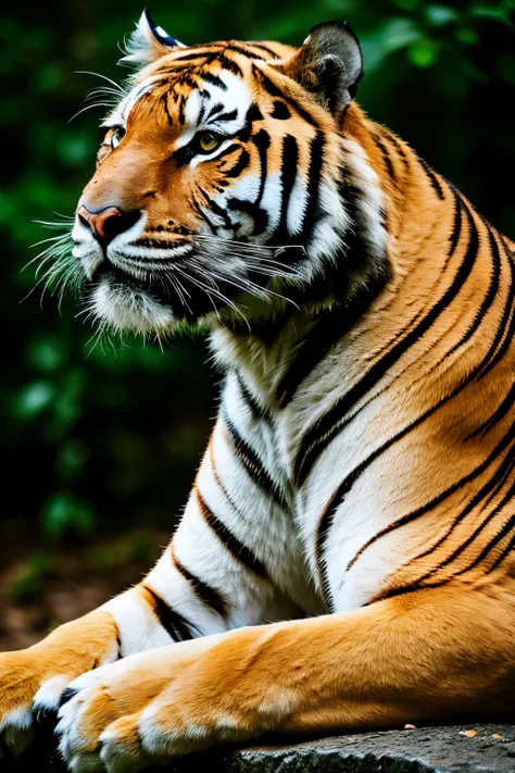 tiger, look at viewer, sitting with head up, majesty, medium shot, ultra-detailed eyes, intricate details, detailed texture, light source contrast, dramatic shadows, Cinematic Light, Depth of field, film grain, noise, dark background