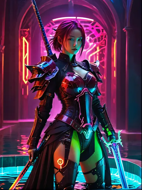 Cyberpunk helllady warrior in neon mecha armor，female swordsman Holding a sword in a pool of blood，solo，1sword，Luminescence&#39;s light eyes，Devil&#39;s Wings，Wide-angle lens，biology，weird，Creepy，nightmarish，Very bright neon colors，Light Particles，Luminesc...