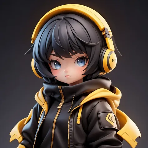 a girl with short hair,yellow coat,black clothes,the expression is serious,black hair,blue eyes,simple background