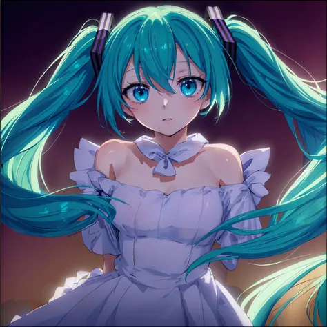 anime girl with blue hair and blue eyes in a white dress, portrait of hatsune miku, hatsune miku portrait, miku, hatsune miku, a...