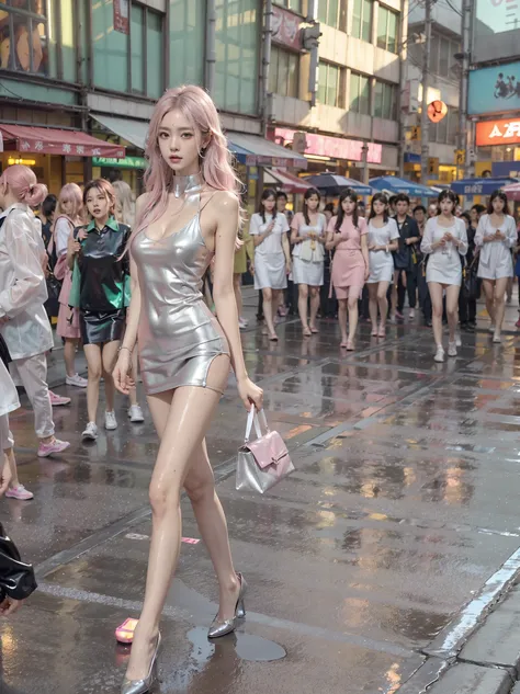 highest quality、Surreal、Perfect Anatomy、Crowded busy street、Surrounded by spectators、Crowd、Wet and shiny white skin、Sweat dripping all over the body、Slender model figure、Ahegao、Silver and pink hair、soaked、Super small face、Collars and Leads、Large cleavage、C...
