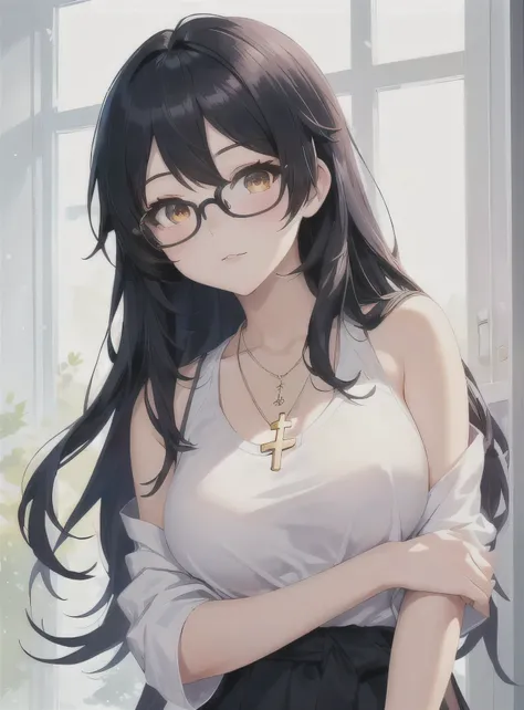 anime girl wear glasses and a necklace with a cross on her chest, guweiz, OL girl, She has beautiful black hair and golden eyes, Artwork in the style of Guweiz, , wear glasses, Detailed digital anime art, Attractive anime girl, cleveage, Clean and detailed...