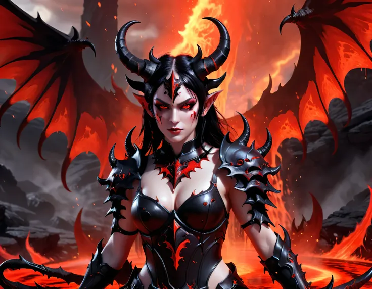 fantasy art, rpg art, masterpiece, a portrait picture o hellish female demon from hell, she has (black horns: 1.2), (black: 1.2)...