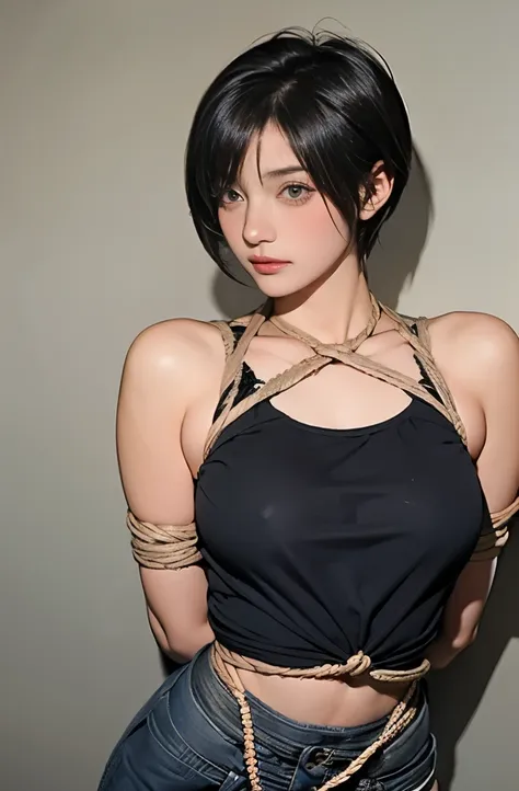 1 girl、black short hair、embarrassed look、boyish handsome girl tied up with rope、slender、her soft-looking big breasts are about t...