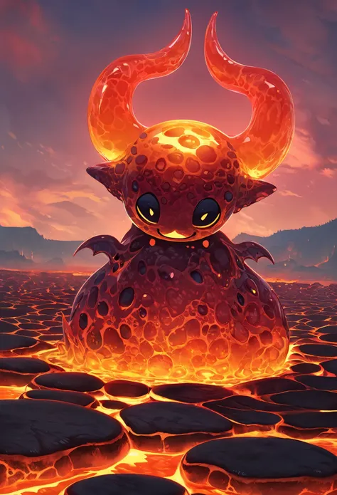 best quality, super fine, 16k, incredibly absurdres, extremely detailed, cute round slime demon with horns made of translucent boiling lava, background grassland