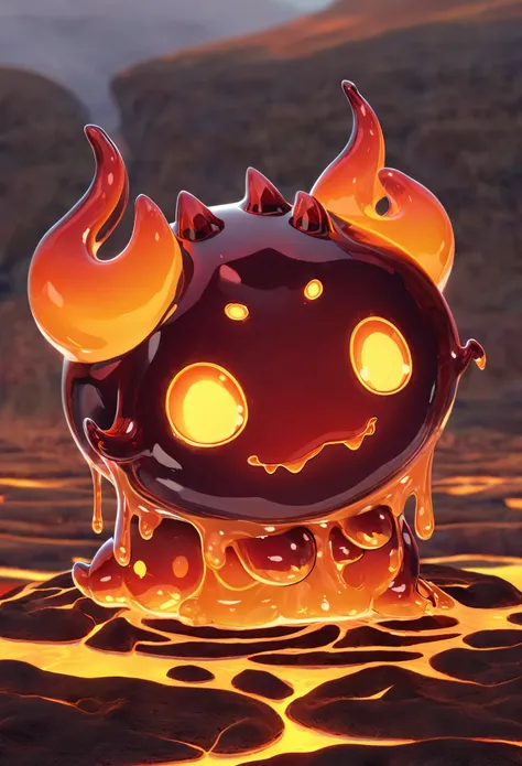 super deformed, furry, funny, best quality, super fine, 16k, incredibly absurdres, extremely detailed, cute round slime demon with small horns made of translucent boiling lava, background grassland