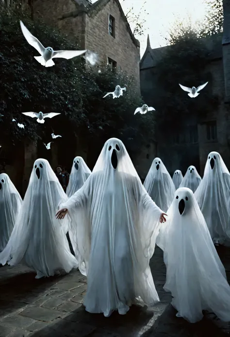 A swarm of flying ghosts,Harry potter,8k,The background is all black.,Photorealistic、dark,Creepy