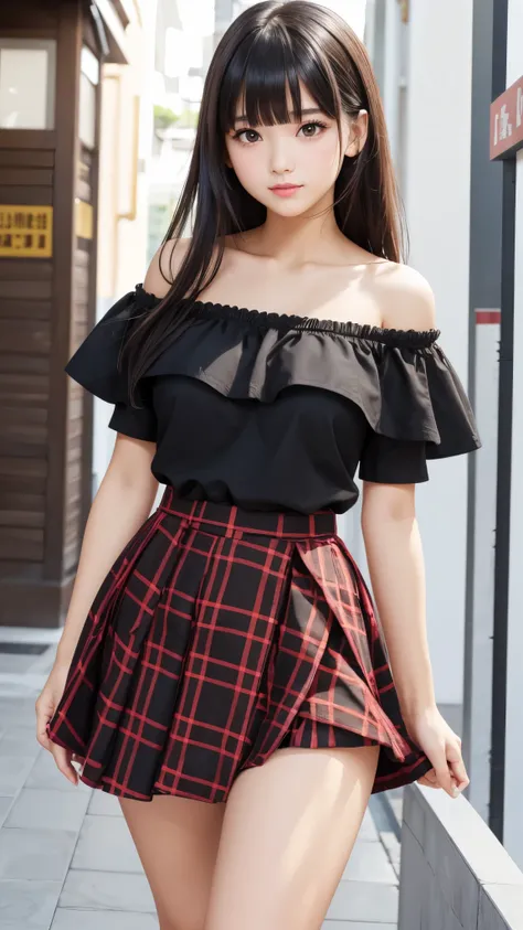 Detailed face、highlight、girl、thigh、breast enhancement、black髪、Heavy bangs、(Off the shoulder、)(Checked skirt、black、red、white、)