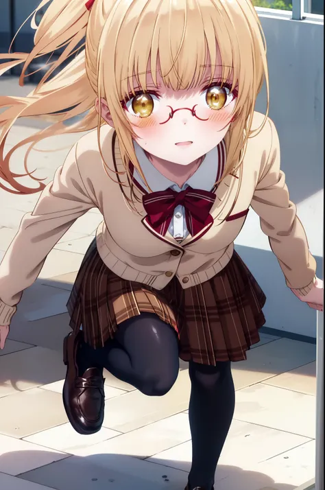 mahirushiina, Mahiru shiina, blonde, (Brown eyes:1.7), Long Hair, smile,blush,Open your mouth,Akagi glasses,
break black footwear, black pantyhose, blazer, bow, bowtie, collar, collared shirt, Jacket, pantyhose, Plaid, Plaid skirt, pleated skirt, red bow, ...