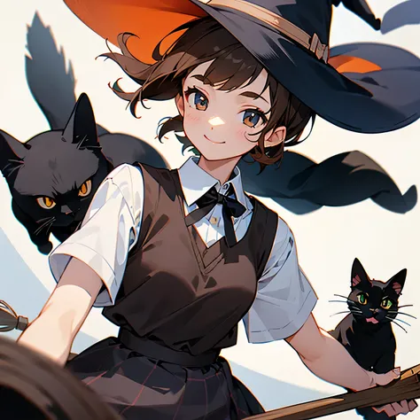 girl、Brown Hair、White shirt、Brown vest、Navy blue checked skirt、smile、witch、With a broom、Black cat