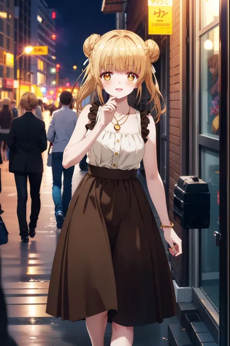 mahirushiina, Mahiru shiina, blonde, (Brown eyes:1.7), Long Hair, happy smile, smile, Open your mouth,Hair Bun, single Hair Bun,blush,Open your mouth,Locket Necklace,Sleeveless dress,Long skirt skirt,Cute heeled sandals、Walking,
break looking at viewer, wh...