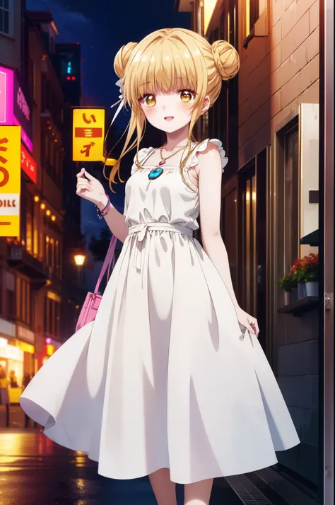 mahirushiina, Mahiru shiina, blonde, (Brown eyes:1.7), Long Hair, happy smile, smile, Open your mouth,Hair Bun, single Hair Bun,blush,Open your mouth,Locket Necklace,Sleeveless dress,Long skirt skirt,Cute heeled sandals、Walking,
break looking at viewer, wh...