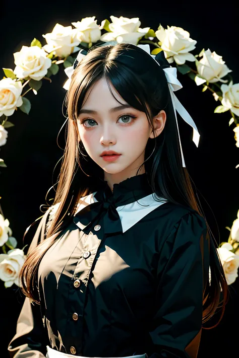 ((masterpiece, best quality)),best aesthetic,1girl, solo, long hair, black dress, flower, ribbon, black background, black hair, rose, hair ribbon, green eyes, long sleeves, white rose, closed mouth, black ribbon, upper body, cinematic lighting