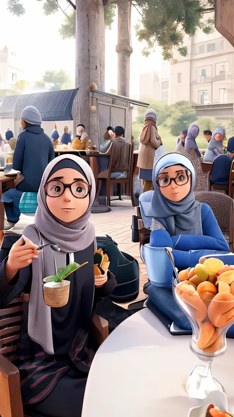 Two person, Male, Female, Eating soup, Gray Muslim Clothing, Gray Hijab, sunglasses, dining table, people walking on the background.