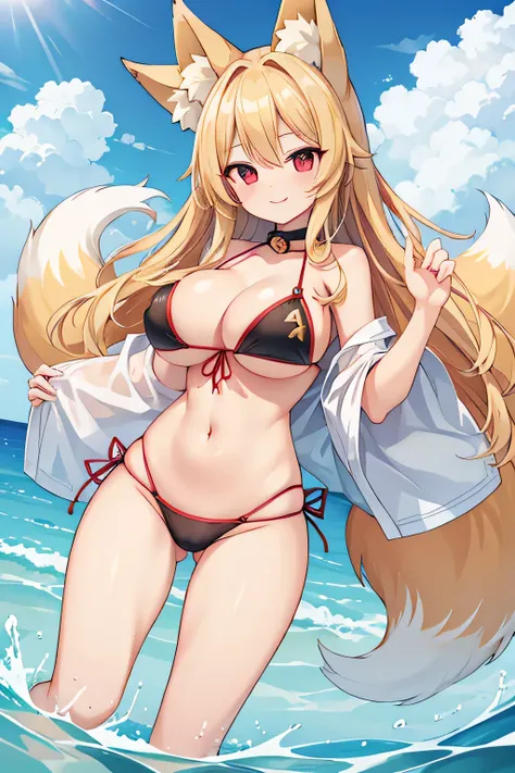 highest quality、smile、Big Breasts、bikini、Fox ears、Long blonde、Red Eye、Ocean