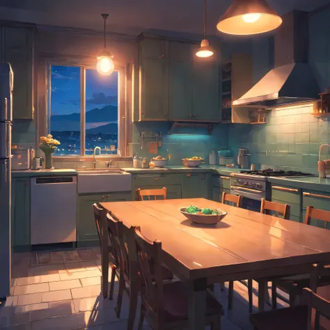 Kitchen at night，cabinet，((dining table)),Dim Lights,Horizontal composition，Depth，high quality