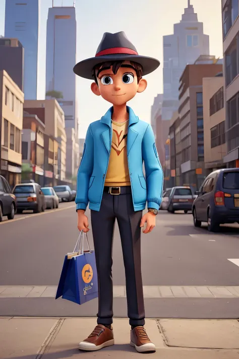 In the heart of the city, a fashionable cartoon character, a 3D model in 4k HD, stands confidently with an air of sophistication. The sun casts a golden glow upon him, illuminating his vibrant features and intricately detailed clothes. His sleek, modern ou...