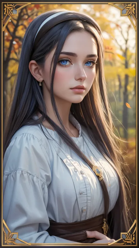 (8k, best quality, masterpiece: 1.2), (best quality: 1.0), (ultra-high resolution: 1.0), watercolor, a beautiful woman, (shiny pupils,blue pupils),shoulders, headband, Agnes Cecil, bust portrait, extremely bright design, pastel colors, autumn lights, moody...