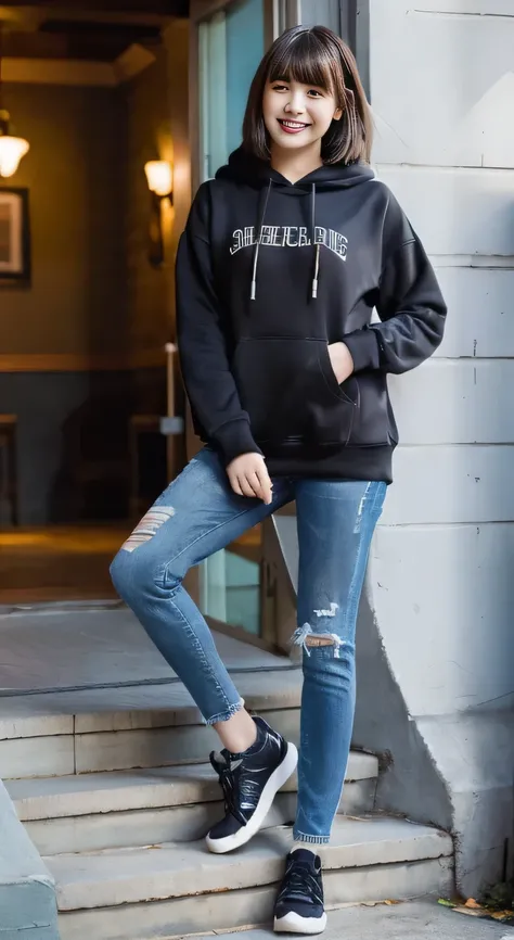 highest quality, Realistic, Very detailed, Finer details, High resolution, 8k wallpaper, One beautiful woman,Sit on the stairs、smile、、（Black socks） Oversized hoodie, Skinny jeans,（ Black sneakers）、Black Hair、 Beautiful Bangs、ear piercing、Perfect dynamic co...