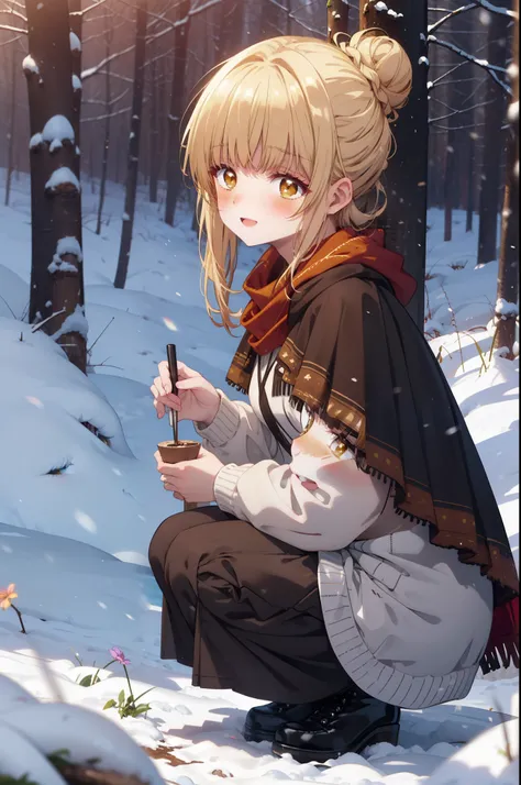 I am mahirushiina, Mahiru shiina, blonde, (Brown eyes:1.7), Long Hair, happy smile, smile, Open your mouth,Hair Bun, single Hair Bun,blush,White Breath,
Open your mouth,snow,Ground bonfire, Outdoor, boots, snowing, From the side, wood, suitcase, Cape, Blur...