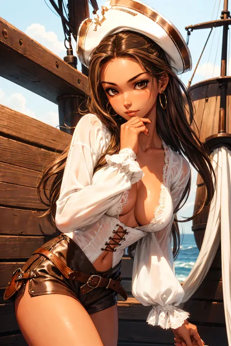 (masterpiece), best quality, expressive eyes, perfect face, (pirate ship background), (standing), (smirk), (closeup view), (1girl, vanessa alessia, dark skin, tanned skin, brown hair, wavy hairstyle, brown eyes, hourglass figure, thin body, skinny body, pe...