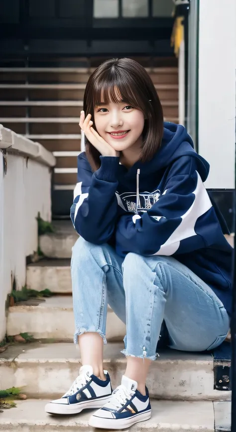 highest quality, Realistic, Very detailed, Finer details, High resolution, 8k wallpaper, One beautiful woman,Sit on the stairs、smile、、 Oversized hoodie, Skinny jeans,（ sneakers）、Black Hair、 Beautiful Bangs、ear piercing、Perfect dynamic composition, Beautifu...