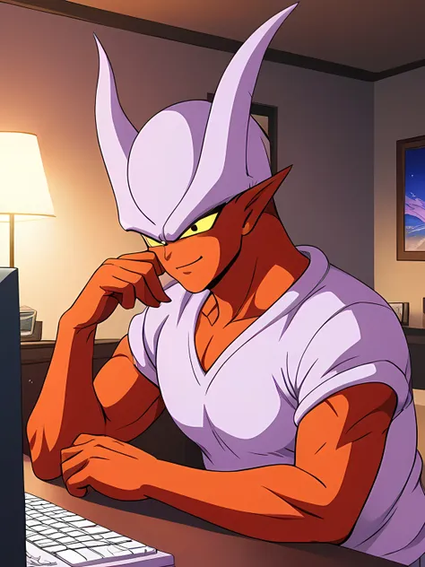 janemba wearing shirt,black_eyes,in a modern house,using computer,taking video,face front (detailed face expression,detailed clo...