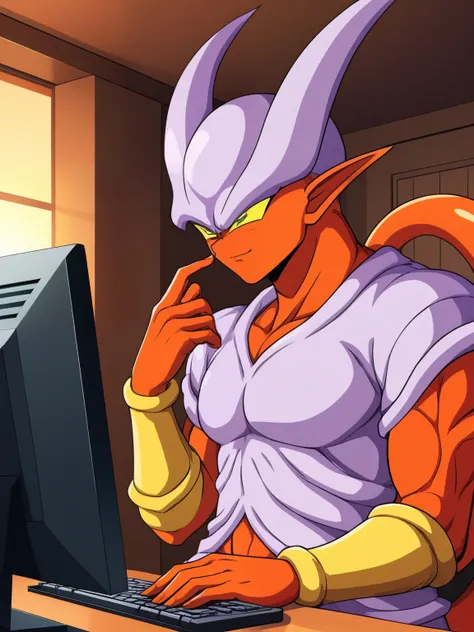 janemba wearing shirt,in a modern house,using computer,taking video,face front (detailed face expression,detailed clothing),illu...