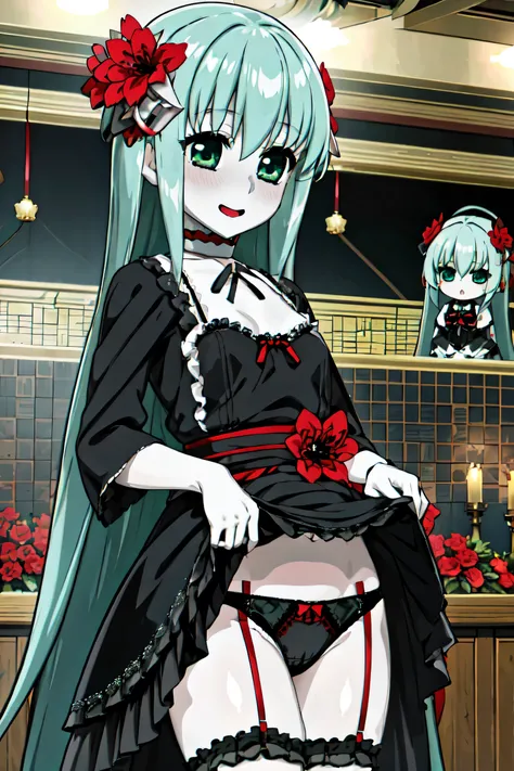 1 girl、Silver Hair、Pale skin、Long Hair、Red flower hair ornament、Emerald green eyes、Small breasts、Gothic Lolita Clothing、、High resolution、highest quality、Anime Moe Art Style、Cowboy Shot、Skirt Lift、Self Lift、Plush panties、lingerie、indoor、Private room、