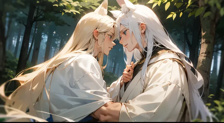 Black short hair，Black ear，Gray Eyes，Show off your bronze abdominal muscles，White long hair，Blue Eyes，White fox ears，Young man in white robe，forest，Double male，Men，Embrace，Eye contact，Egyptian style,Upper Body,masterpiece，best quality
