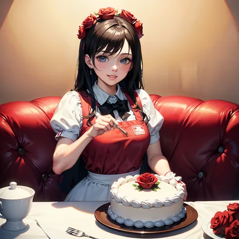 masterpiece, highest quality, high resolution,
Perfect quality cake with red roses, "Happy Mothers Day" written,
held by a cheerful animated white baker,
wearing a red apron and white uniform,
beaming smile on face.

detailed description:
This masterpiece ...