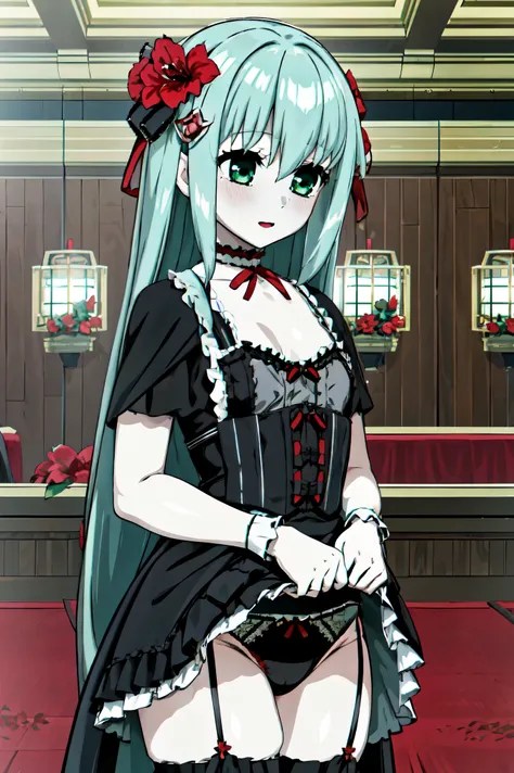 1 girl、Silver Hair、Pale skin、Long Hair、Red flower hair ornament、Emerald green eyes、Small breasts、Gothic Lolita Clothing、、High resolution、highest quality、Anime Moe Art Style、Cowboy Shot、Skirt Lift、Self Lift、Plush panties、lingerie、indoor、Private room、Front v...