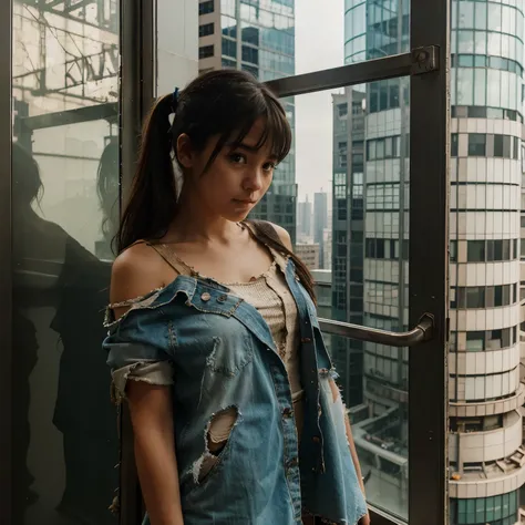 A hungry girl in tattered clothes standing at the top of a tall skyscraper looking out