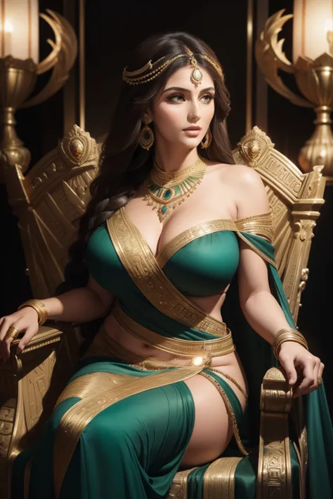 lucy pinder as an ancient goddess, her features striking and ethereal. She sits on a throne adorned with gold and jewels, her posture regal and confident. Her skin glows with an otherworldly radiance, a soft, warm hue that seems to emanate from within. Her...