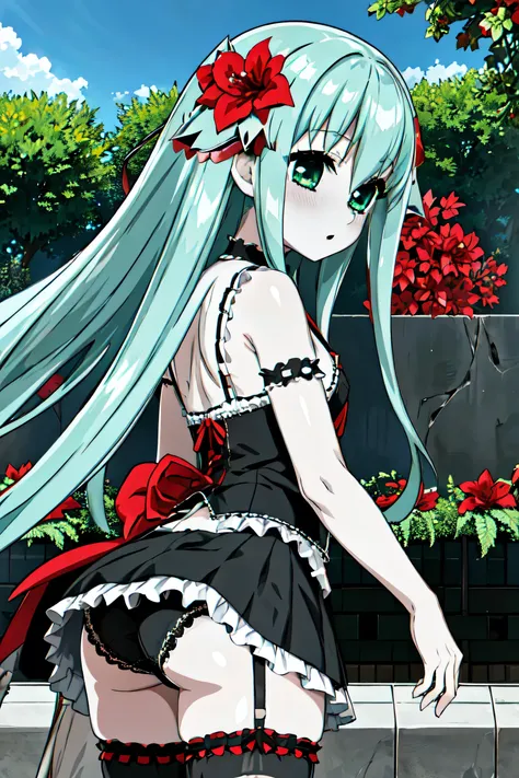 1 girl、Silver Hair、Pale skin、Long Hair、Red flower hair ornament、Emerald green eyes、Small breasts、Gothic Lolita Clothing、、High resolution、highest quality、Anime Moe Art Style、Cowboy Shot、Plush panties、lingerie、uniform、Strong winds、Skirt flipped up、Panty shot...