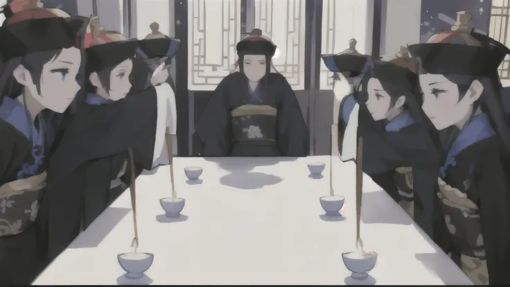 there are many people sitting at a table with cups and tea, robed figures sat around a table, artwork in the style of guweiz, high quality fanart, hanfu, palace ， a girl in hanfu, tea ceremony scene, official fanart, inspired by Xuande Emperor, in their no...