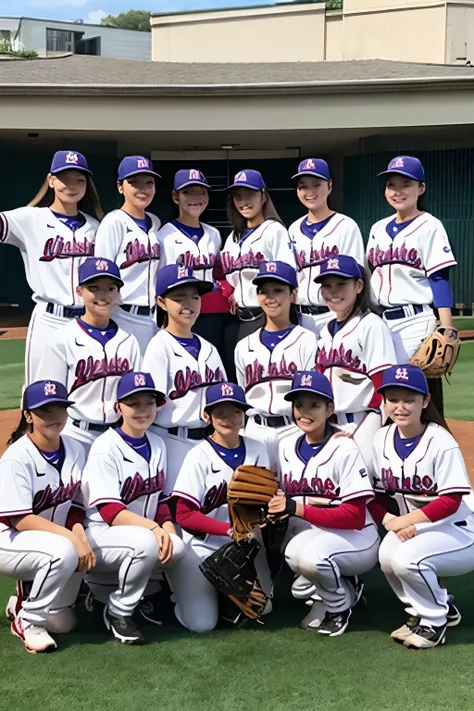 Nine female baseball players gather at home base to take a photo