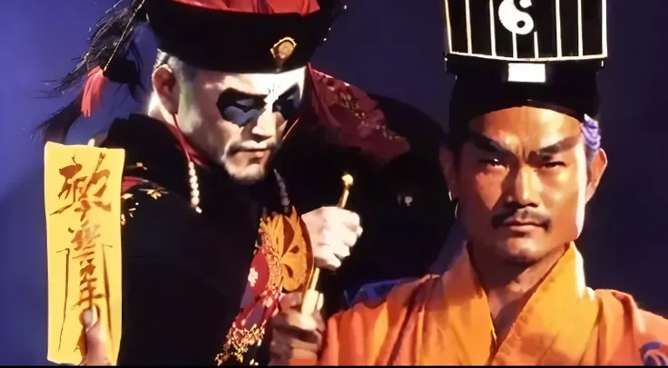 arafed man in a costume and a man in a costume holding a fan, scene from live action movie, 60s kung fu film, scene from kagemusha, screenshot from the 1983 film, still from a live action movie, classic kabuki, shogun era, 8 0 s asian neon movie still, ins...