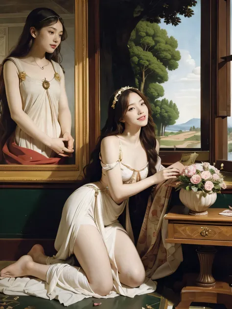 full body portrait or statue、Sandro Botticelli painting style,Arguments of two female Philosophe,math、astronomical machine、astronaut、roses in vase、fruits、Cute trinkets、smile、ancient greek costume、Ancient Roman landscape in the style of Nicolas Poussin,laug...