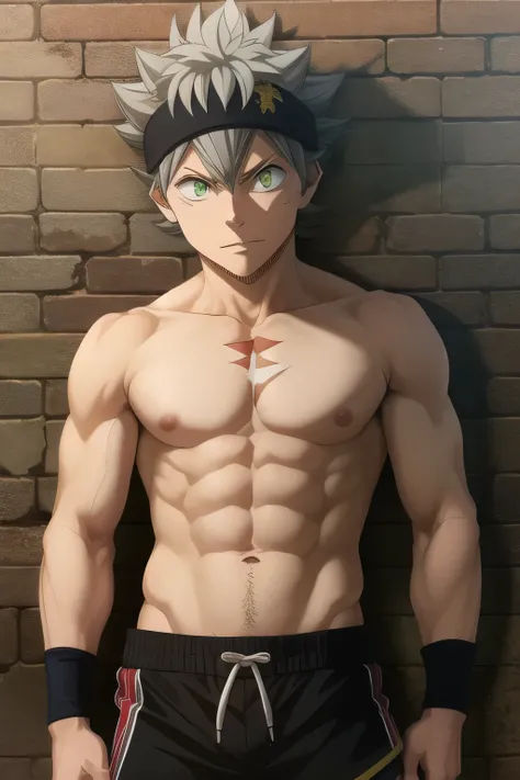 masterpiece, best quality, high quality, 1boy, solo, male focus, shirt off, asta, green eyes, black headband, grey hair, spiked hair, full view, half body.