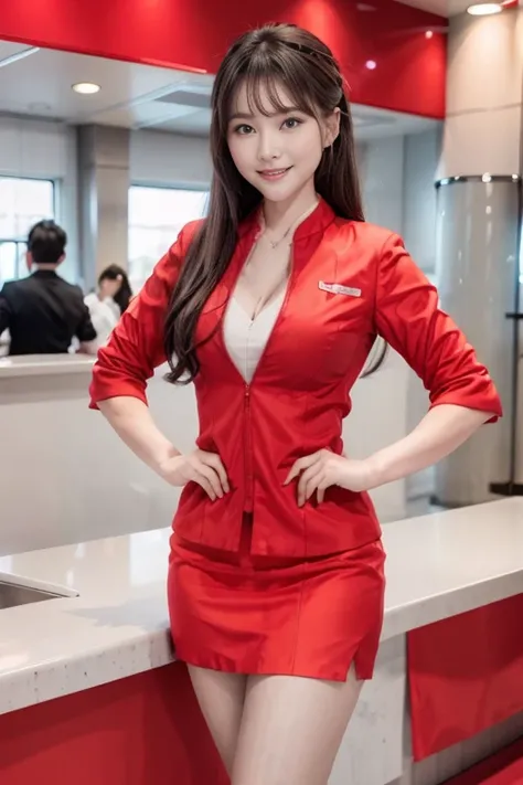 (masterpiece:1.2, highest quality:1.2), 32K HDR, High resolution, (alone、1 girl、At the airport counter, Professional Lighting), (Realistic style with AirAsia flight attendant uniforms)、(AirAsia uniform unzipped red jacket、AirAsia uniform long sleeve red ja...