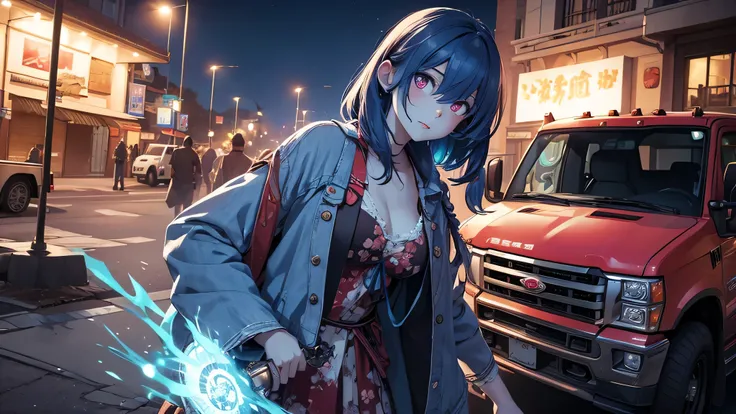 (masterpiece), (highest quality), (very detailed), sakura zombie, one girl, zombie, blue skin, cowboy shot, outdoor, (truck:1.3)...