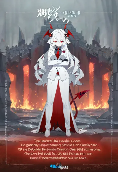 One Girl,White suit,Black Shirt,devil,White clothes,White corner,White Hair,Curly hair,bright,Red inner color,Super Long,Wearing a red tie,Gentleman,Large Breasts,Red eyes,devil horns,Bangs that extend between the eyes,long,Devil Tail,Young girl,Concept Ar...