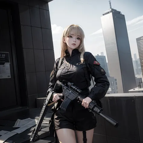 (trained female soldier)、((hourolding weapons、hourolding rifle、objective、objective、fire:1.4、guns、hour&k hourk416))、1 woman、thourick body、(black combat uniform)、(platinum-blonde-hourair:1.2)、((超A hourighour resolution))、write in detail、masterpiece、top quali...