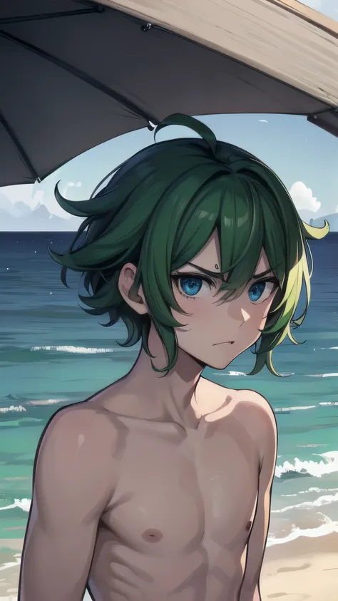 (masterpiece), ((sfw)), best quality, expressive eyes, perfect face, mature male, (1boy, adult Man), young adult, young man, solo, Green hair BREAK ahoge, blue eyes BREAK topless male, angry, looking at viewer, ocean, partially sumerged, blue sky, standing...