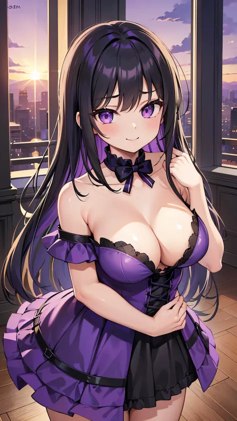 1 girl, alone, , Long black hair, Purple eyes, Exposing shoulders, Strapless, Off the shoulder, 白いフリルOff the shoulderマキシドレス, smile, Ballroom, column, Cowboy Shot, In-person audience, Absurd, Super detailed, masterpiece, highest quality, teenager, Purple su...